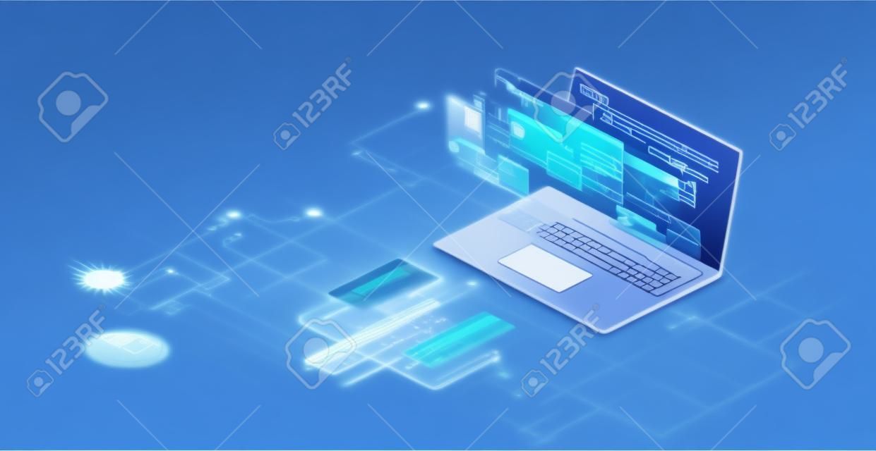Programming and software development web page banner, program code on screen device. Software development coding process concept.
