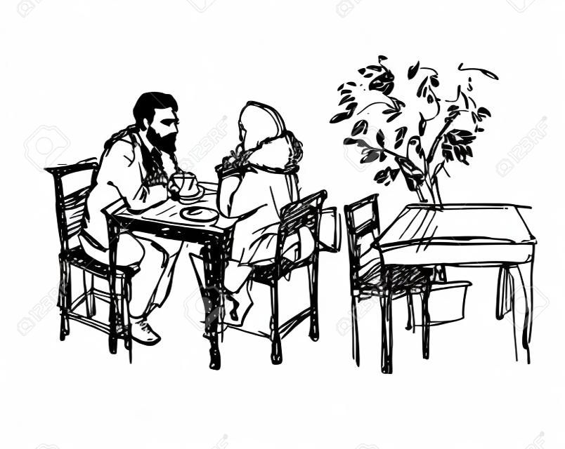 black and white vector sketch of a man with a beard and a girl sitting at a table in a cafe