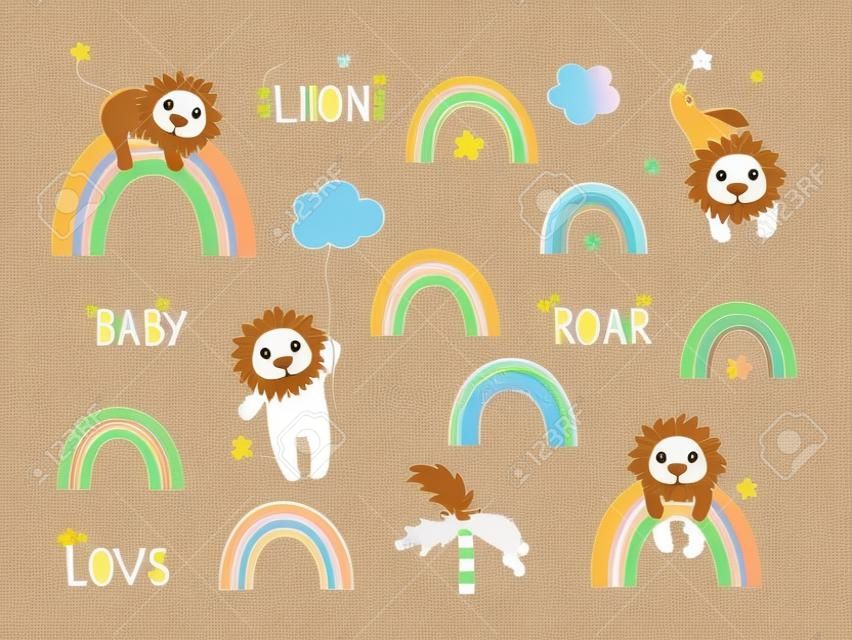 Conjunto de lindas imágenes prediseñadas de león. Use este clipart para crear invitaciones de baby shower, arte de guardería, decoración de cumpleaños, tarjetas de felicitación, ropa para niños. ilustración vectorial