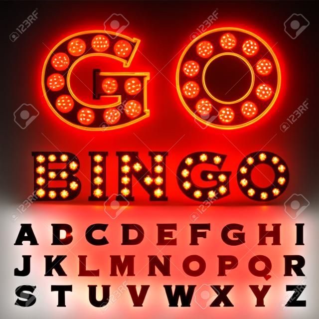 vector de oro rojo de entretenimiento y casino letras con lámparas de bulbo