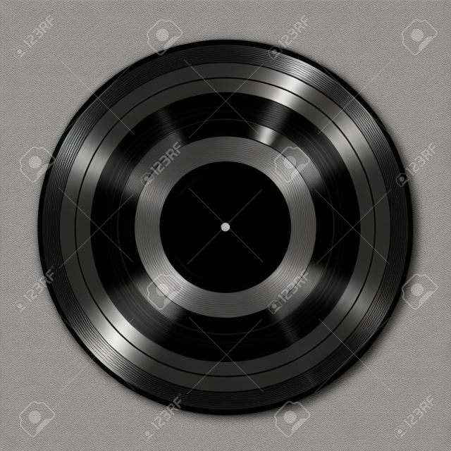 Vector disco de vinilo LP negro en blanco con etiqueta blanca sobre fondo negro, ilustración realista
