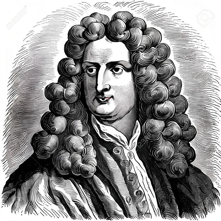 Vieja ilustración de Isaac Newton, grabado es de Meyers Lexicon.
