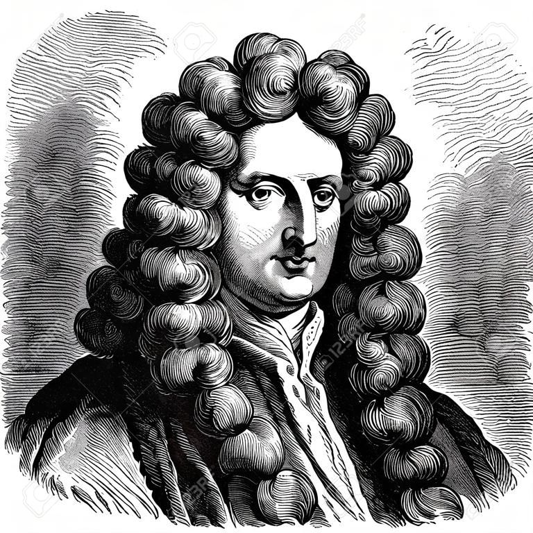 Oude illustratie van Isaac Newton, gravure is van Meyers Lexicon.