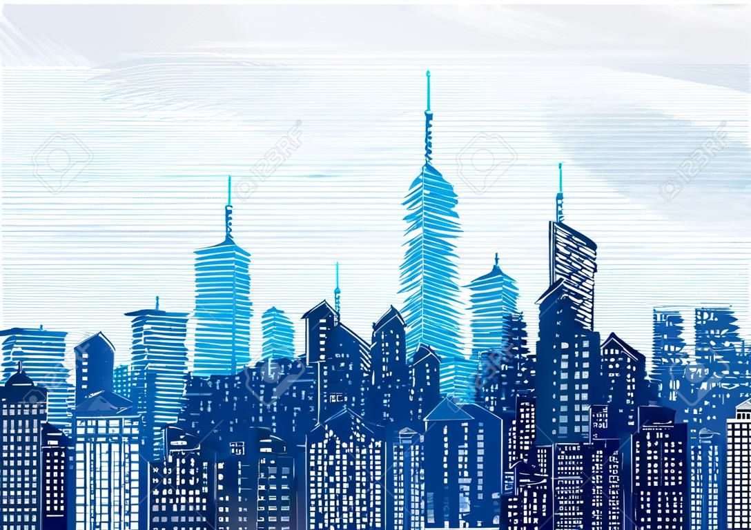 手描きの街のスカイライン上の白い窓、青い色の都市景観の背景、編集可能でレイヤード