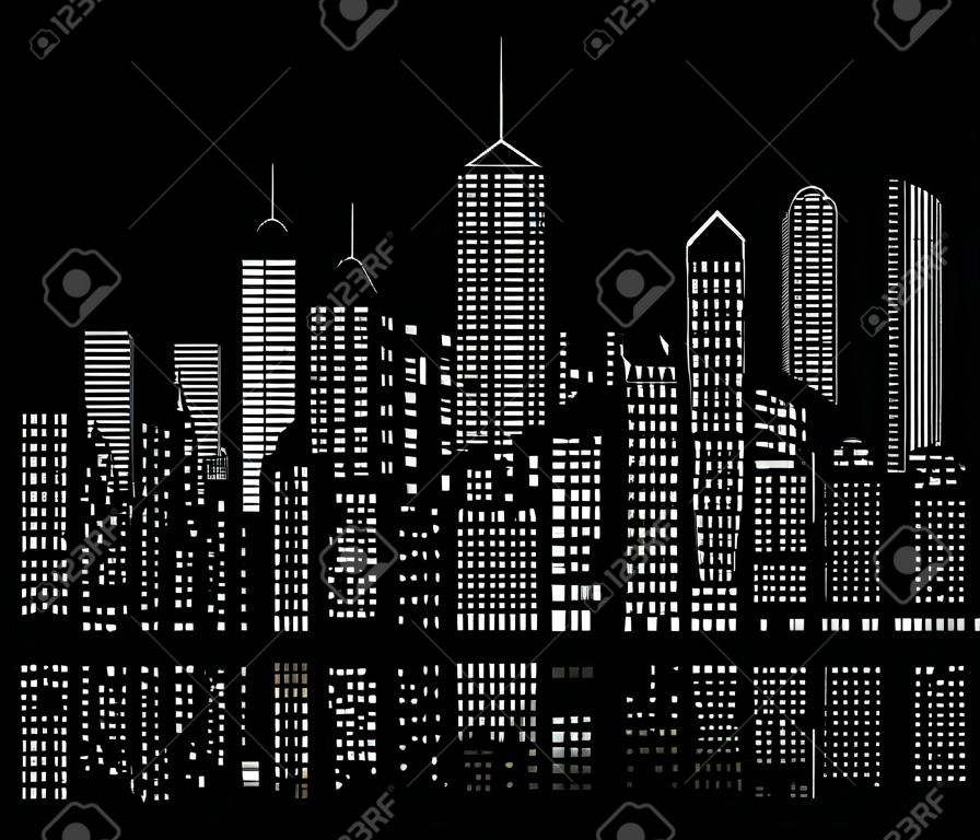 Skyline della città moderna, silhouette di finestre della città con riflesso, illustrazione vettoriale