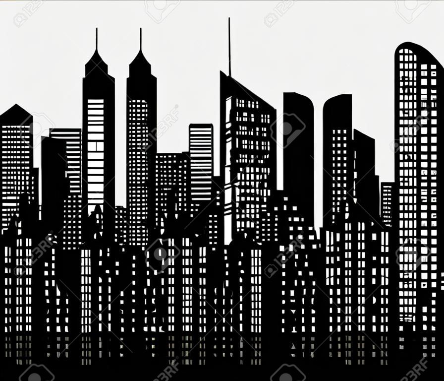 Horizon de ville moderne, silhouette de fenêtres de ville avec la réflexion, illustration de vecteur