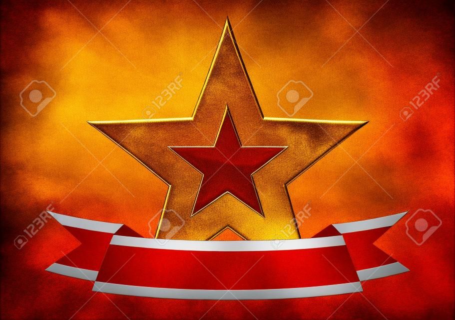 Złota czerwona gwiazda z pustym sztandarem, komunistyczna ikona