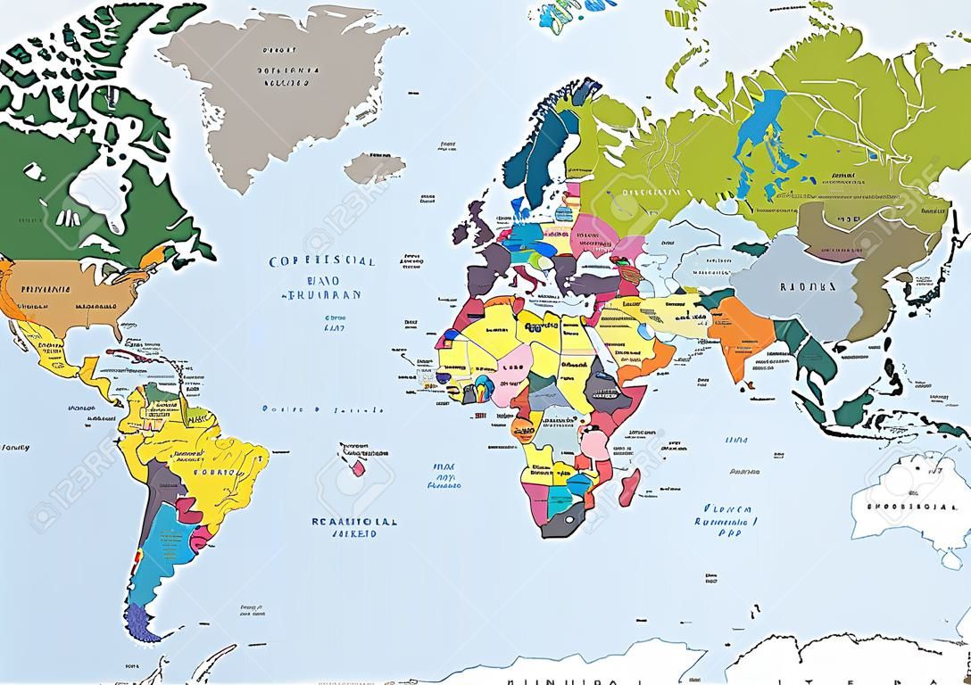 Nuova mappa del mondo politico altamente dettagliata con capitelli e fiumi. Illustrazione vettoriale. Strati separati.