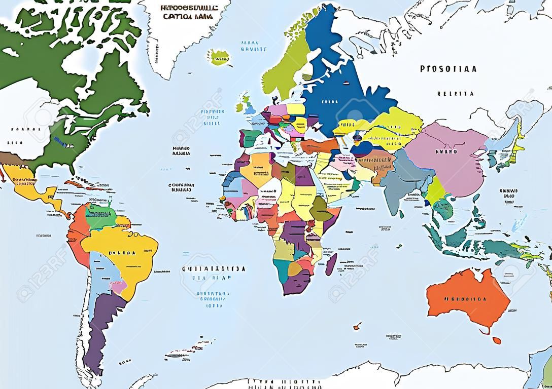 Nuova mappa del mondo politico altamente dettagliata con capitelli e fiumi. Illustrazione vettoriale. Strati separati.