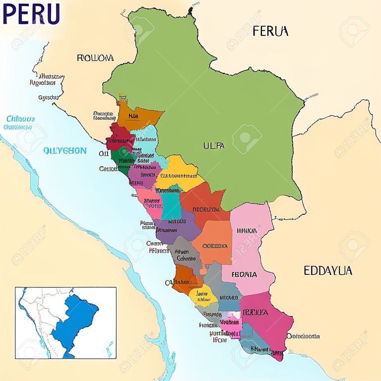 地域とその首都を持つペルーのベクトル非常に詳細な政治地図。すべての要素は、明確にラベル付けされた編集可能なレイヤーで分離されます。EPS 10