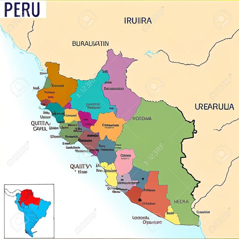地域とその首都を持つペルーのベクトル非常に詳細な政治地図。すべての要素は、明確にラベル付けされた編集可能なレイヤーで分離されます。EPS 10