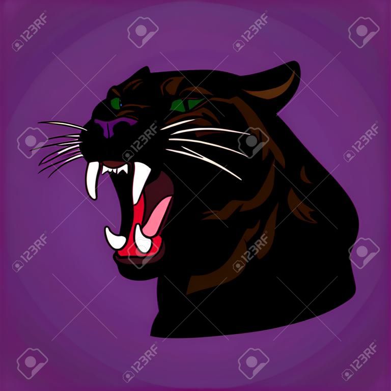 Aggressiver schwarzer Panther mit offenem Mund, Karikatur auf einem lila Hintergrund, Vektor