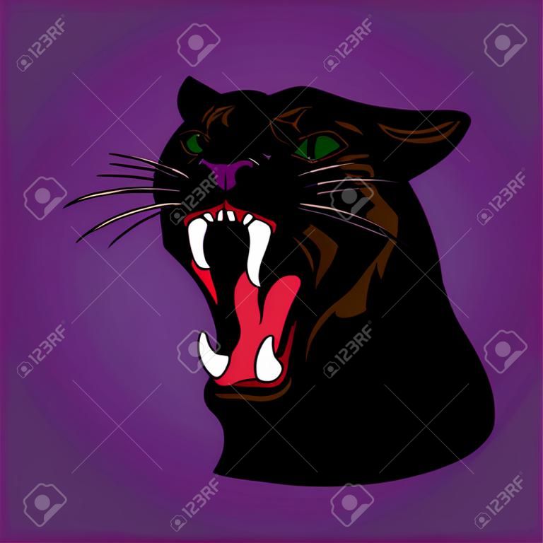 Aggressive Black Panther with open mouth, cartoon on a purple background, vector