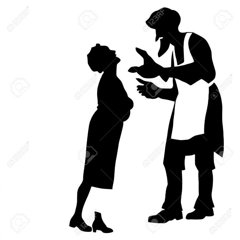 Old man with a beard and old woman arguing, hunched, black silhouette on white background, vector