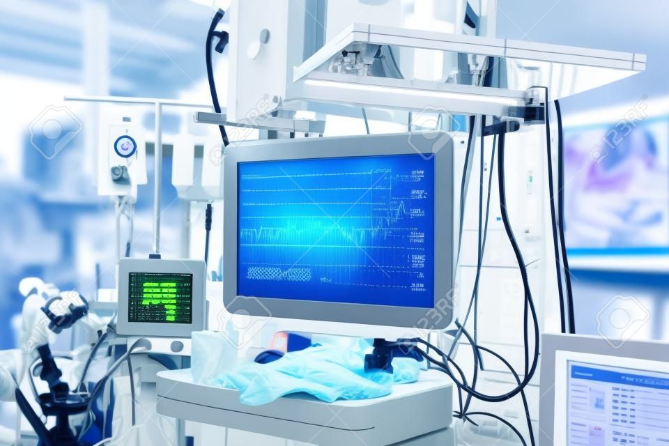 Funciones vitales funcionales (signos vitales) monitorean en una sala de operaciones con máquinas en el fondo, durante la cirugía real en un paciente. Sostenimiento de vida, la vigilancia y el concepto de la anestesia.