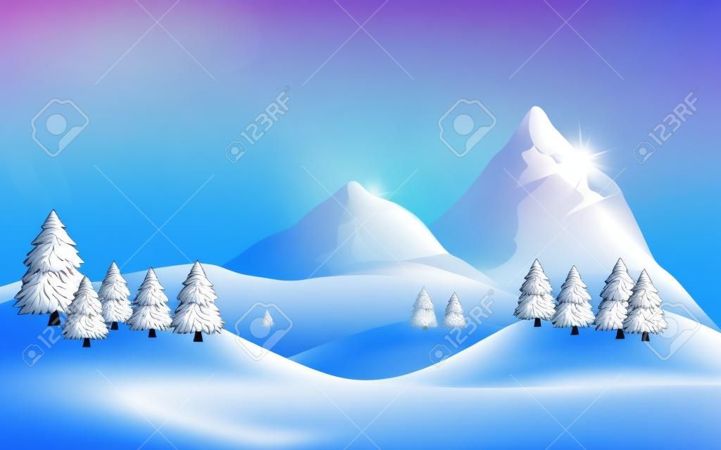 beautiful winter landscape background with mountains and trees