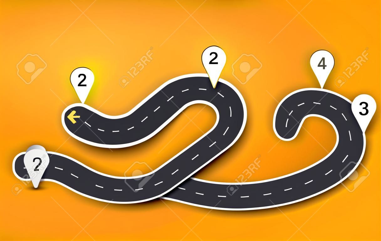 Winding Road on a Colorful Background. Road way location infographic template with pin pointer. Vector