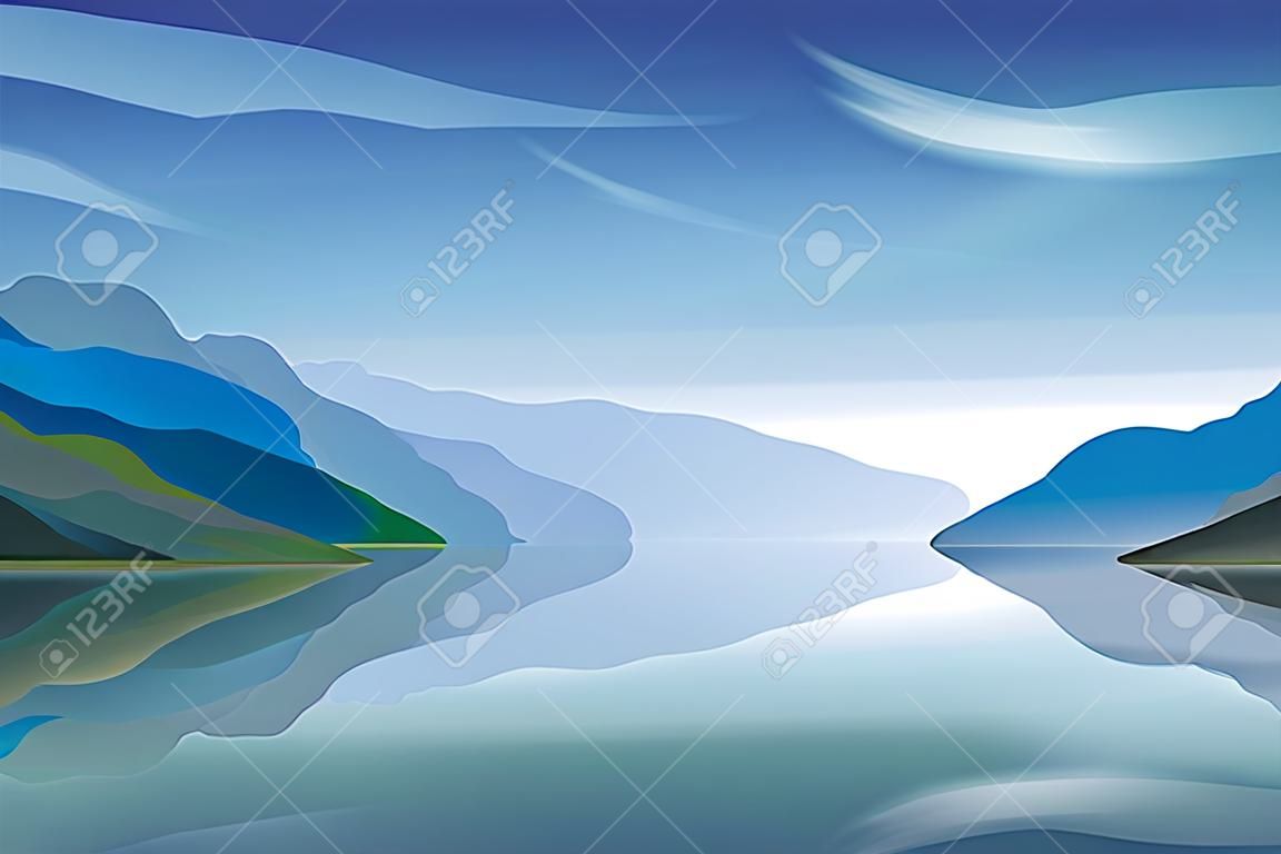 Vector landscape of a mountain lake in the morning