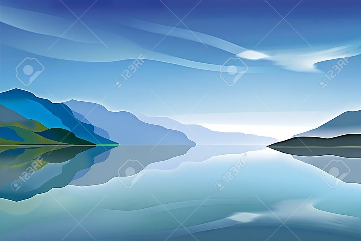 Vector landscape of a mountain lake in the morning
