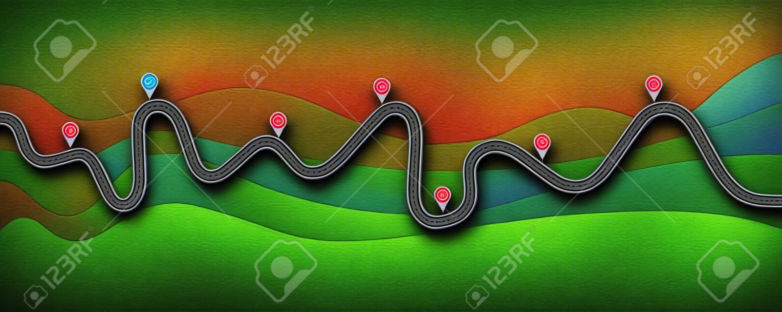 公路旅行和旅程路線。在五顏六色的背景的彎曲道路與別針尖。