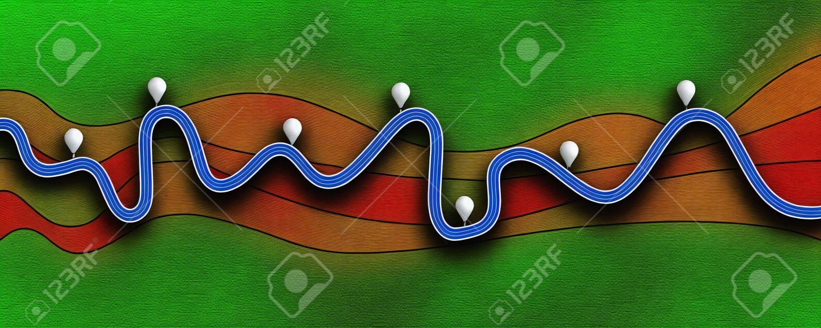 Road trip and Journey route. Winding Road on a Colorful Background with pin pointer.