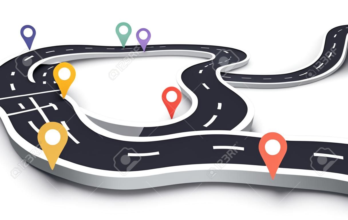 Winding Road on a White Isolated Background. Road way location infographic template with pin pointer