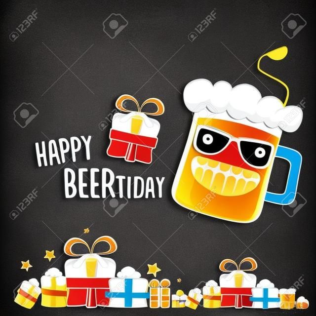 Carte de voeux ou arrière-plan vectoriel Happy Beerthday. Affiche de célébration de fête de joyeux anniversaire avec un personnage de bière génial et des cadeaux
