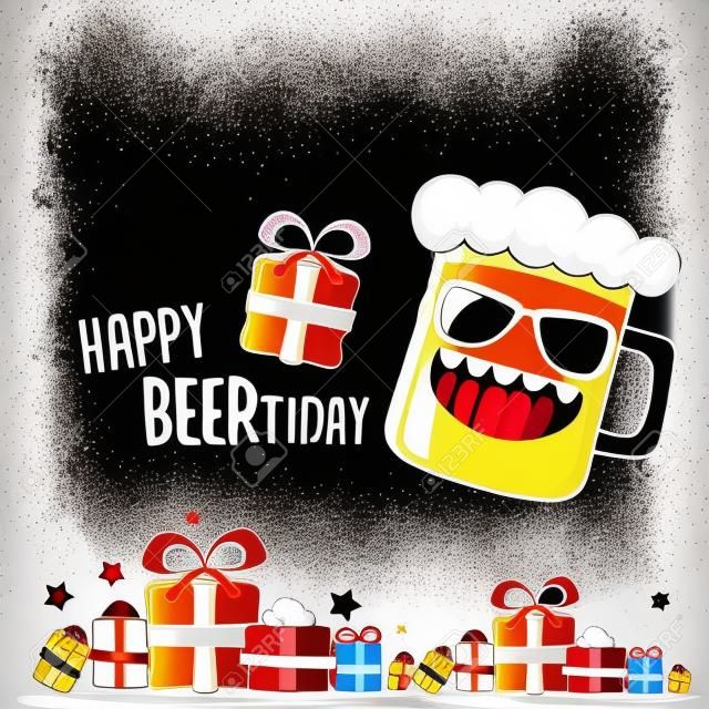 Tarjeta de felicitación feliz del vector de Beerthday o de fondo. Cartel de celebración de fiesta de feliz cumpleaños con carácter de cerveza funky y regalos