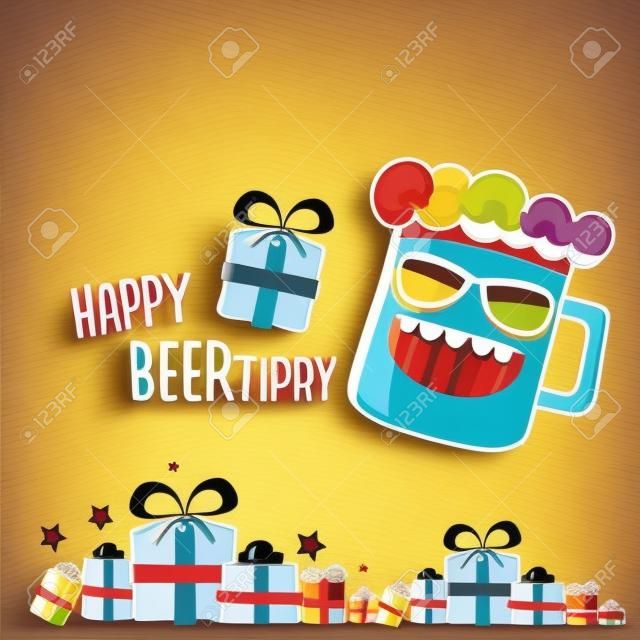 Happy Beerthday vector greeting card or background. Happy birthday party celebration poster with funky beer character and gifts