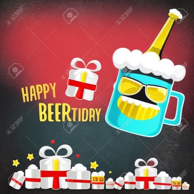 Cartolina d'auguri o sfondo felice di vettore di Beerthday. Manifesto di celebrazione della festa di buon compleanno con carattere di birra funky e regali