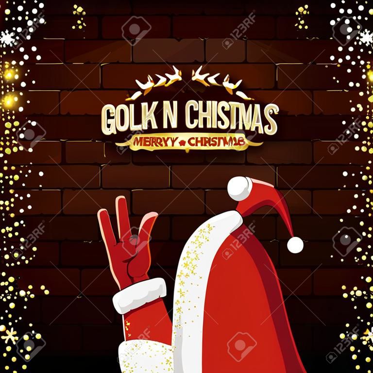 cartone animato vettoriale stile rock n roll di Babbo Natale con testo di saluto dorato su sfondo muro di mattoni con luci stellari di natale. Buon Natale Rock n roll party poster design o biglietto di auguri.