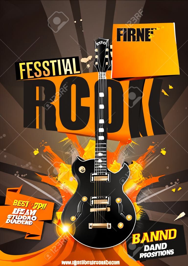 illustration vectorielle modèle de conception flyer festival festival rock orange avec guitare noire, bannière origami et effets splash cool en arrière-plan.