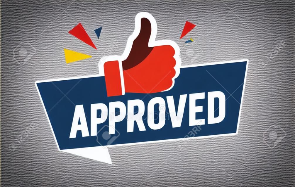 Vector illustration approved label flag with thumbs up icon.