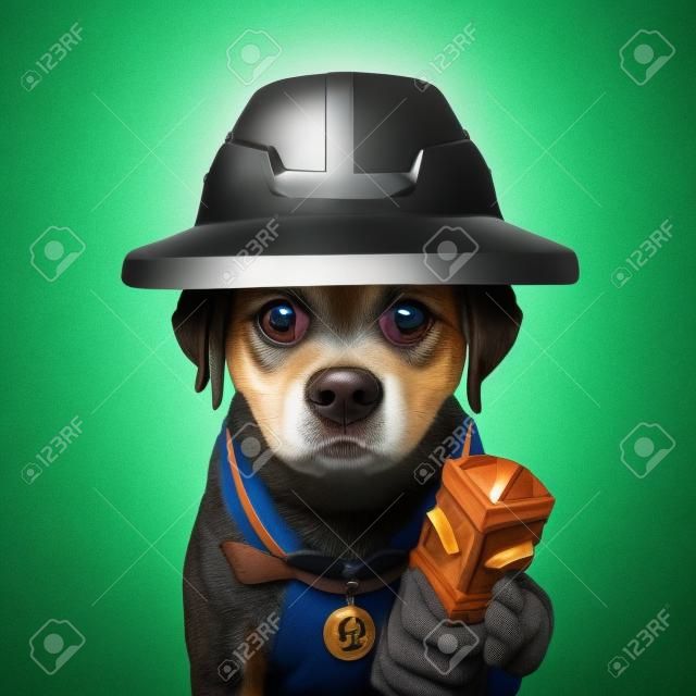 Cute cool dog puppy adventurer explorer with pit helmet and ancient totem idol symbol funny conceptual image