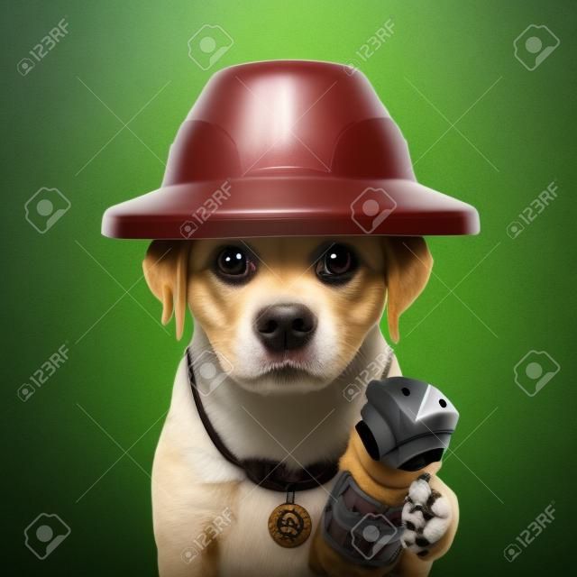 Lindo perro fresco cachorro aventurero explorador con casco de pozo y antiguo tótem ídolo símbolo divertido imagen conceptual