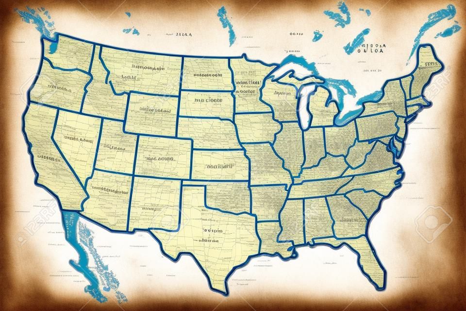 Mapa dos Estados Unidos da América desenhado na ilustração vetorial de papel envelhecido