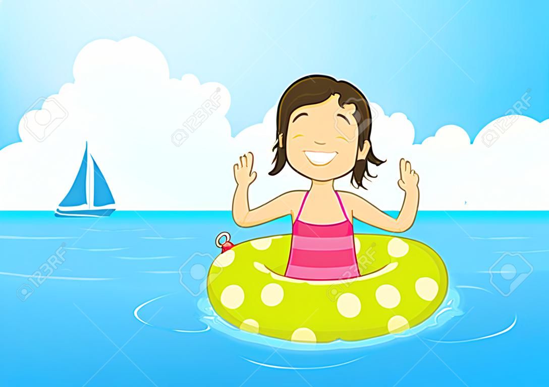 Little girl on a vacation, swimming in the sea with inflatable ring vector cartoon illustration