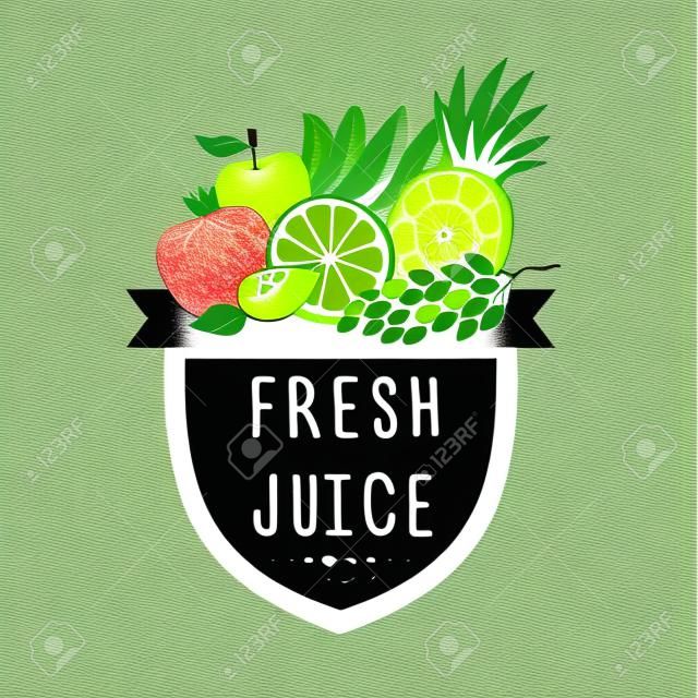 logotipo del símbolo de jugo fresco. Dibujado a mano diseño de la fruta.