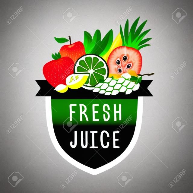 logotipo del símbolo de jugo fresco. Dibujado a mano diseño de la fruta.