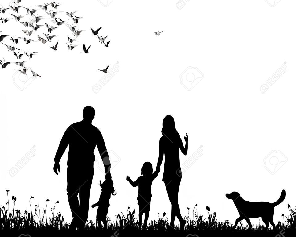isolato, silhouette famiglia camminando sull'erba, giocando