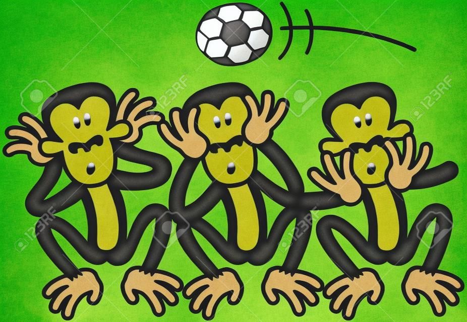 Three wise monkeys doing the opposite to what they are supposed to do, because there s a soccer ball flying above their heads  When soccer is on the air, they prefer to see, to hear and to speak