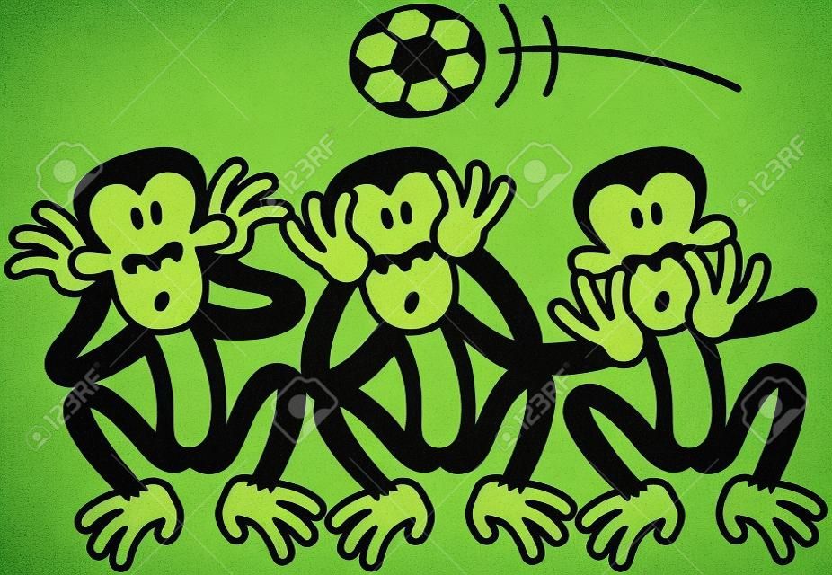 Three wise monkeys doing the opposite to what they are supposed to do, because there s a soccer ball flying above their heads  When soccer is on the air, they prefer to see, to hear and to speak