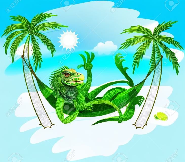 Green iguana smiling, waving, sunbathing, drinking a cocktail and resting under the palms in a hammock, in a sunny day on the sandy beach, with a blue sea and a limpid sky enjoying beautiful holidays
