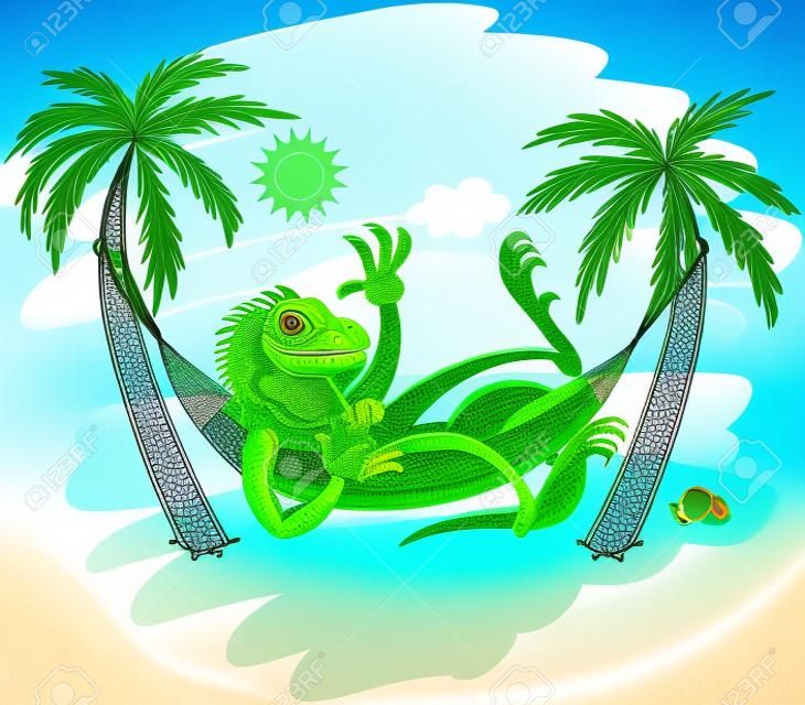 Green iguana smiling, waving, sunbathing, drinking a cocktail and resting under the palms in a hammock, in a sunny day on the sandy beach, with a blue sea and a limpid sky enjoying beautiful holidays