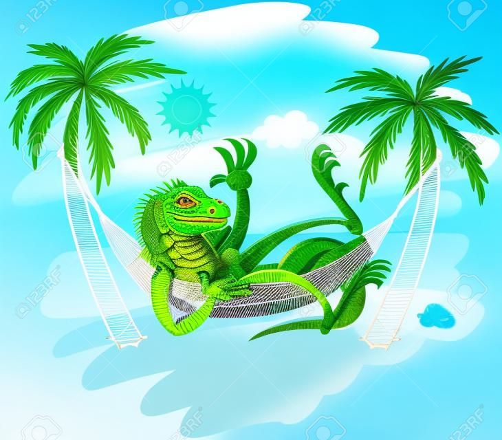 Grüner Leguan Lächeln, Winken, Sonnenbaden, einen Cocktail trinken und ruhen unter Palmen in einer Hängematte, in einem sonnigen Tag am Strand, mit einem blauen Meer und einem klaren Himmel genießen Sie einen wunderschönen Urlaub