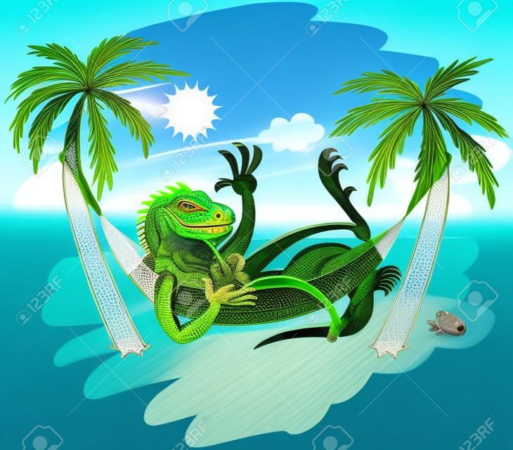 緑のイグアナの笑みを浮かべて、手を振って、日光浴、カクテルを飲み、青い海と美しい休日を楽しんで、澄んだ空、砂浜のビーチで晴れた日に、ハンモックで手のひらの下で休憩