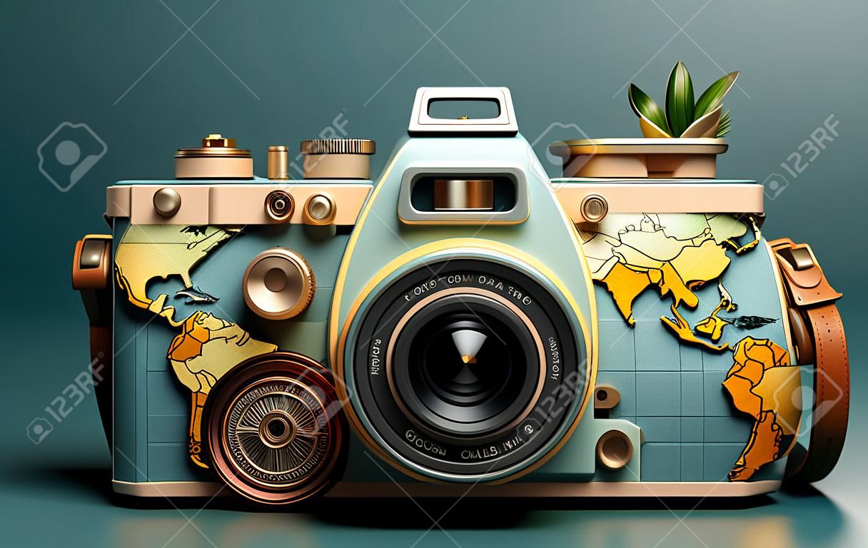 Retro camera with world map on blue background. 3d illustration