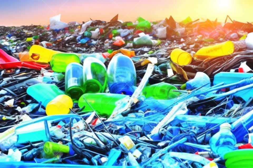 Plastic and glass bottles thrown away and left in nature, pile of garbage. Ecological, ecology, recycling industry, not ecology, recycled material, pollution, neglect, environmental protection.