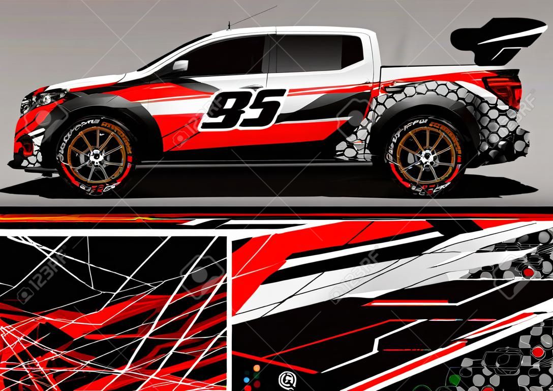 Car livery design. Abstract stripe racing background designs for wrap cargo van, race car, pickup truck, adventure vehicle. Eps 10