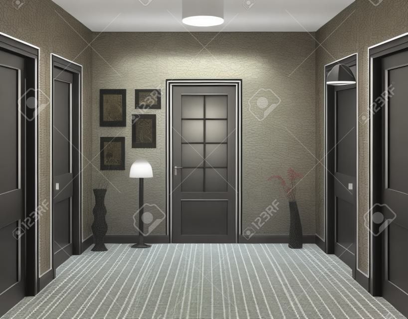 Long corridor with rows of closed doors. Concept of infinite opportunities for success and toughness of choice. 3d rendering. Hallway illustration